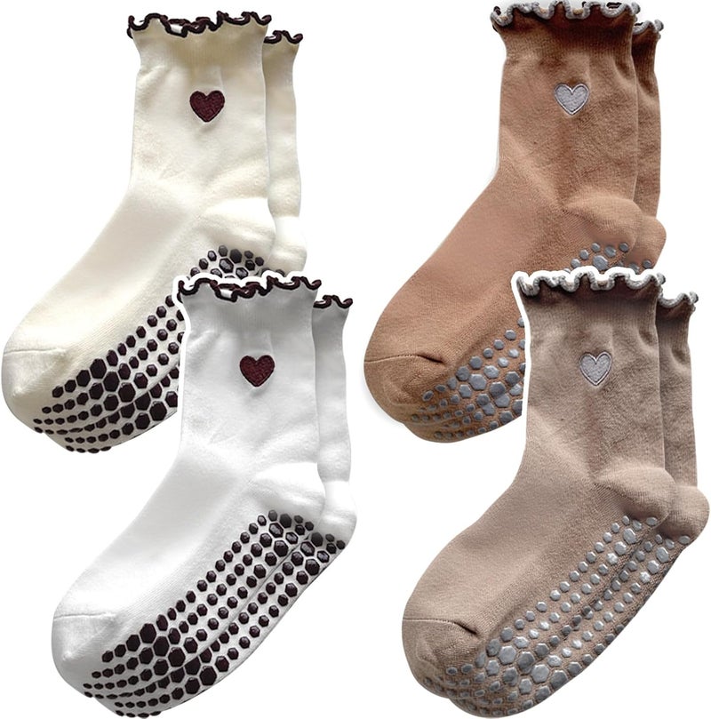 ZFiSt Pilates Socks with Grips for Women,4Pairs Ruffle Yoga Sock Cute Cotton Grippy Socks for Barre Workout Non Slip 5-10in - Image 1